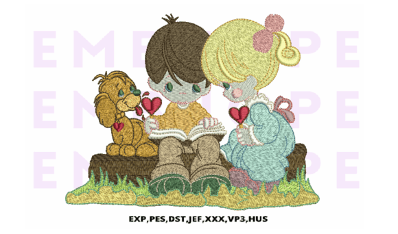 Adorable Kids Reading Books with Dog Embroidery